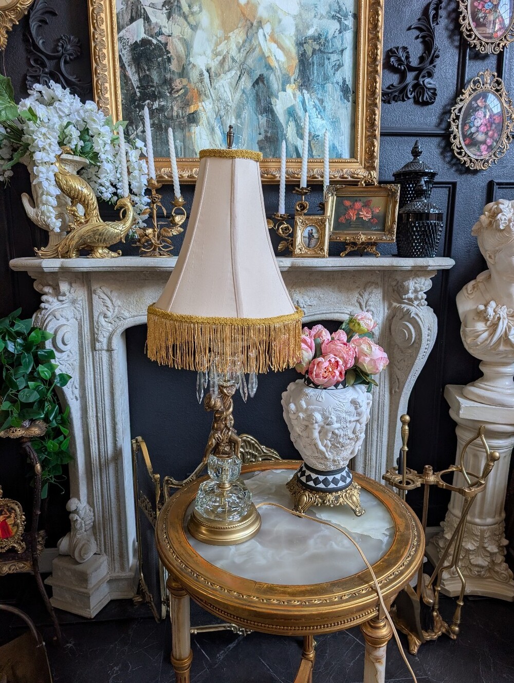 Vintage Gold Ornate Hollywood Regency Figural Cherub Crystal, Brass Table Lamp,
